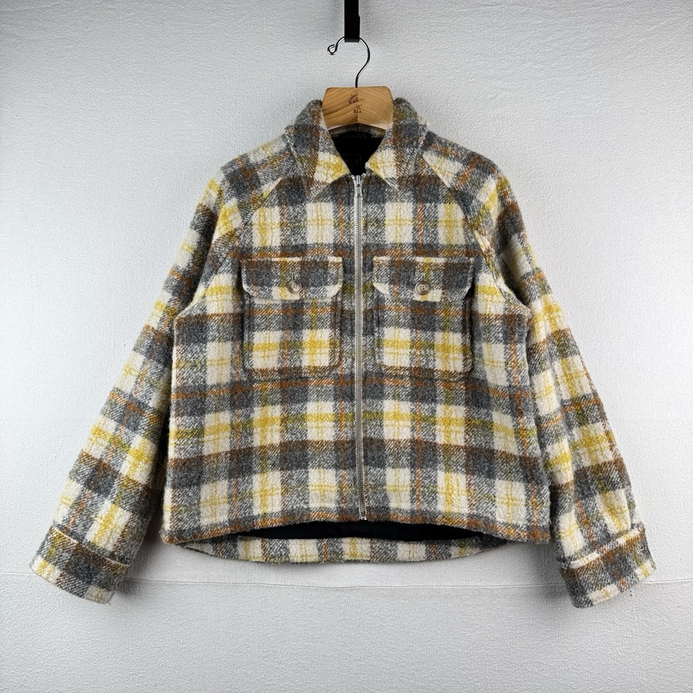 GAP Wool Trucker Jacket Women's M Yellow Plaid Full‎ Zip Boxy Chore Shirt